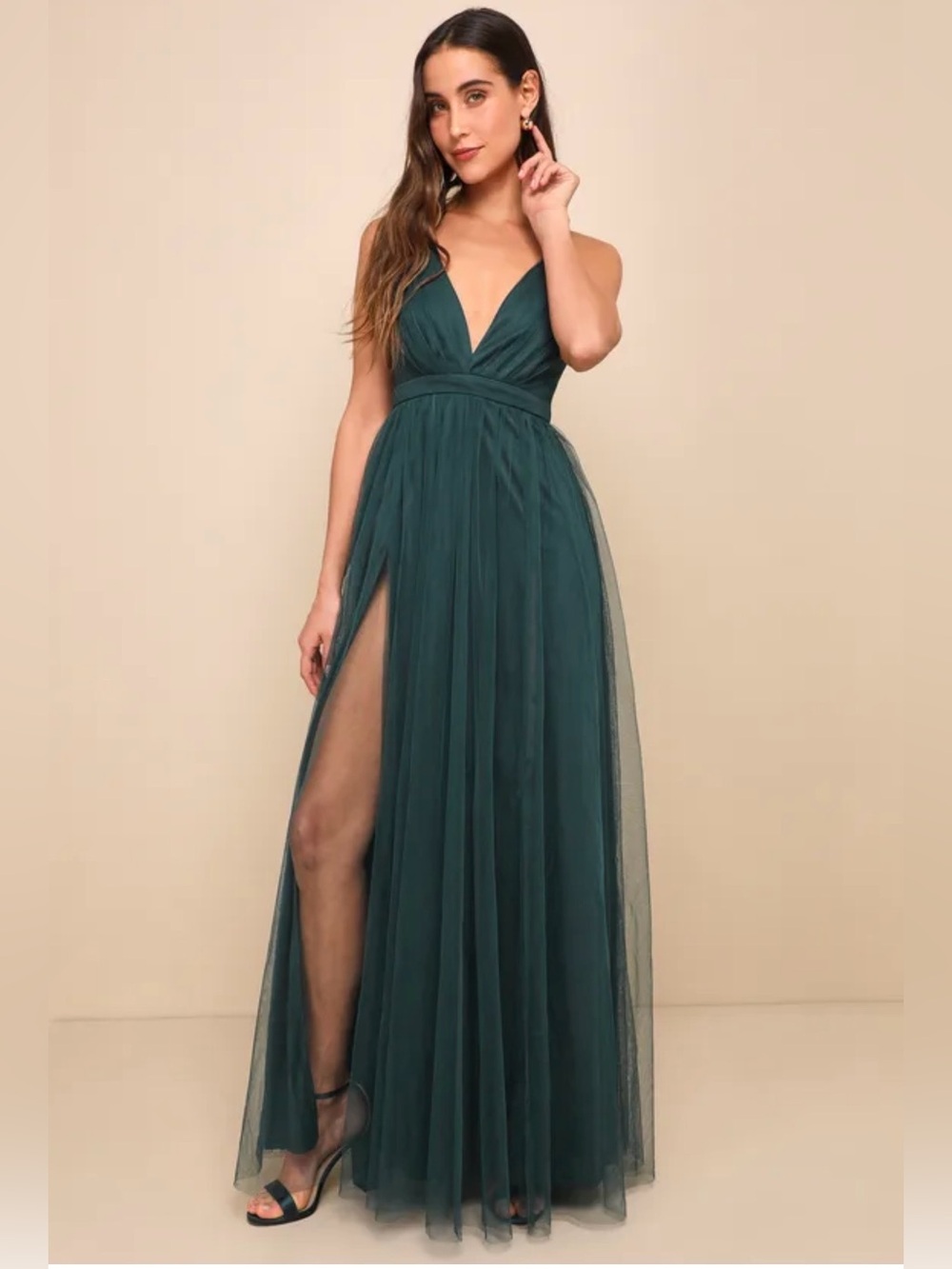 Rare Beauty Hunter Green Tulle Backless Maxi Dress